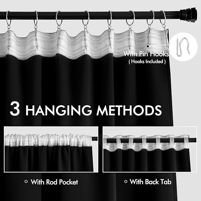 MIULEE Black Back Tab Blackout Curtains 72 Inches Long 2 Panels Set for Living Room Bedroom Privacy, Halloween Rod Pocket/Pinch Pleat Thermal Insulated Room Darkening Pleated Light Blocking Drapes