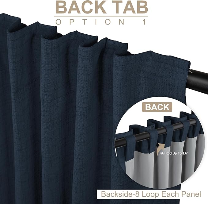 100% Blackout Shield Linen Blackout Curtains for Bedroom 84 Inches Long, Back Tab/Rod Pocket Living Room Drapes, Thermal Insulated Blackout Curtains 2 Panels Set, 50" W x 84" L, Navy