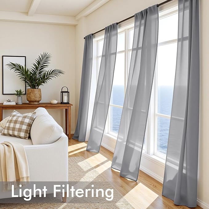 MIULEE Dark Grey Sheer Curtains 63 Inches Long, 4 Panels Set, Rod Pocket Light Filtering Window Drapes for Bedroom and Living Room, Elegant Airy Fabric, 42 x 63 Inches