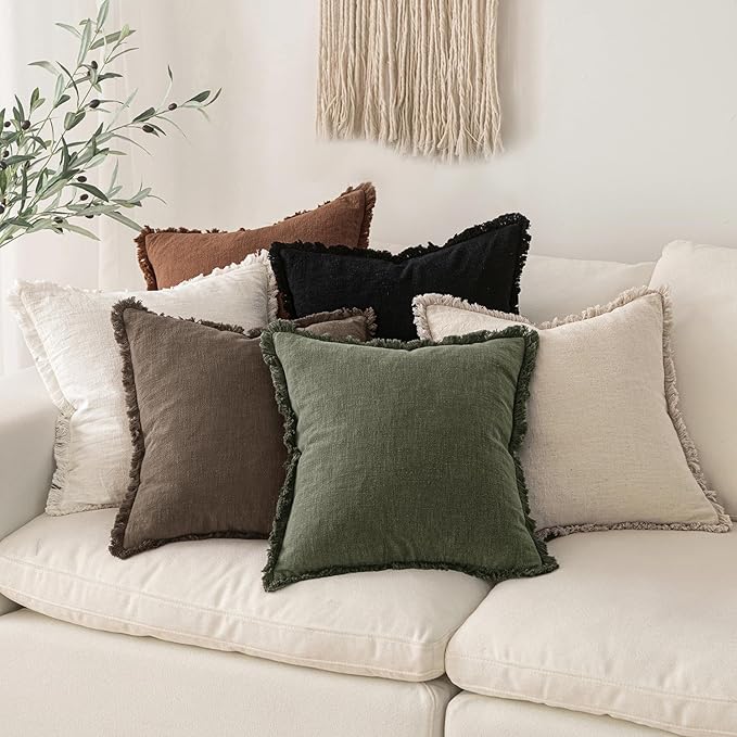 MIULEE Decorative Throw Pillow Covers Neutral Linen Fringe Throw Pillows Euro Shams Set of 2 Chocolate Brown Boho Farmhouse Cushion Covers for Couch Sofa Bed Living Room Spring Home Decor 26x26 Inch