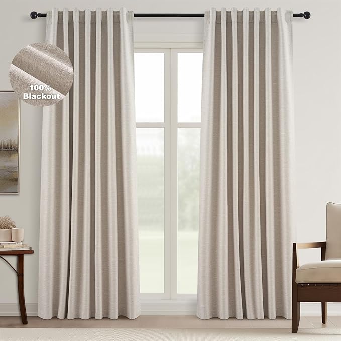 Topfinel Black Out Rustic 96 Inch Long Linen Curtains 2 Panel Set, Modern Farmhouse Greige Grey Curtains for Living Room, Room Darkening Tab Top Noise Reduction Textured Drape 8FT Hook&Ring Included