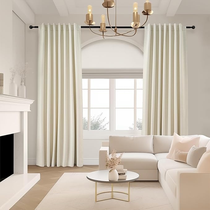 Topfinel 105 Inches Long Custom Black Out Thick Linen Drapery Panels, Cream White Pinch Pleated Heat Reflective Cottage Curtains with Pin Hooks, Luxury Lined Back Tab Drapes 2 Panels for Slider Door