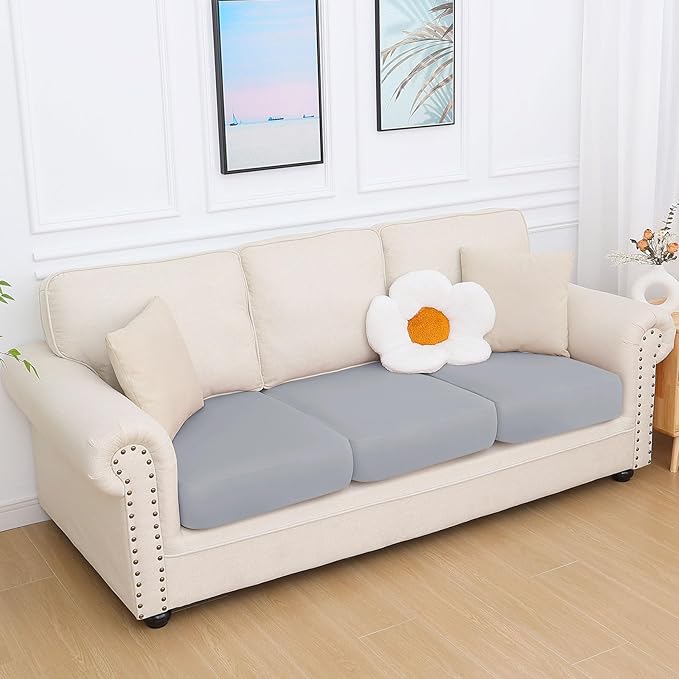 hyha Milk Silk Couch Cushion Covers, Soft Magic Sofa Covers Washable for 3 Cushion Couch, Stretch Sectional Outdoor Cushion Covers for Patio Furniture with Elastic Bottom(3 Packs, Grey)