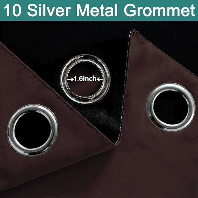 Yakamok 100% Blackout Curtains for Bedroom, 2 Thick Layers Thermal Insulated Grommet Total Blackout Drapes with Black Liner for Living Room (62Wx63L,Chocolate Brown, 2 Panels)