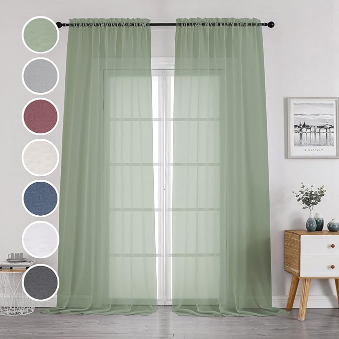 OWENIE Sage Sheer Curtains 144 inch Extra Long, Elegant and Airy Drapes Translucent Window Treatments for Living Room/Bedroom, Sage Green, 2 Panels=84" Wide