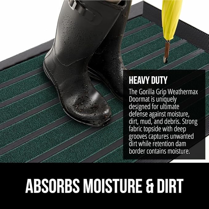 GORILLA GRIP 100% Waterproof All-Season WeatherMAX Doormat US Designed Natural Rubber, Stain and Fade Resistant, Low Profile Indoor Outdoor Door Mats, Easy Clean Patio Mat, 23x35, Green Stripe