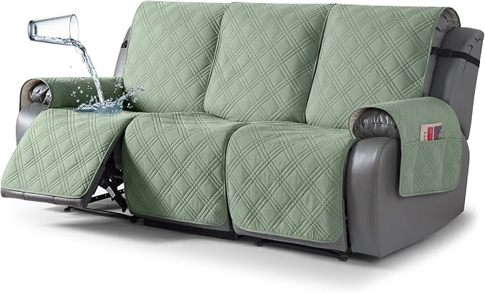 TAOCOCO 100% Waterproof Recliner Sofa Cover, Non Slip Split Couch Covers for Reclining Couches with Straps, Washable Reclining Sofa Cover Furniture Protector for Kids Pets(3 Seater, Sage Green)