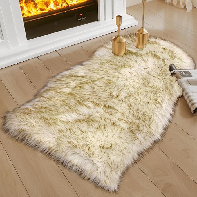 Ciicool Faux Sheepskin Rugs Soft Faux Fur Rug White Gradient Dark Green Fluffy Chair Couch Cover Fuzzy Carpet for Bedroom Floor Sofa Living Room 2x3 Feet