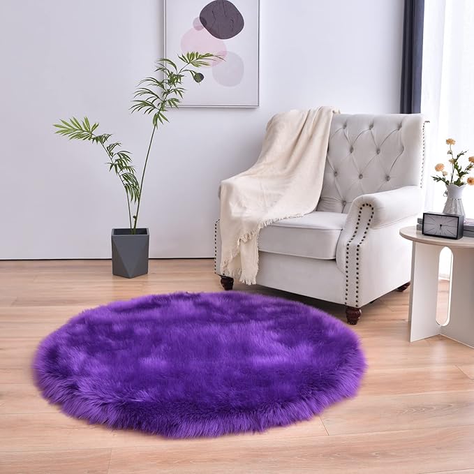 duduta Purple Faux Sheepskin Round Rug 4x4 ft, Fluffy Shag Fur Bedroom Nursery Kids Playroom Rug Dorm Decor Non Slip Washable