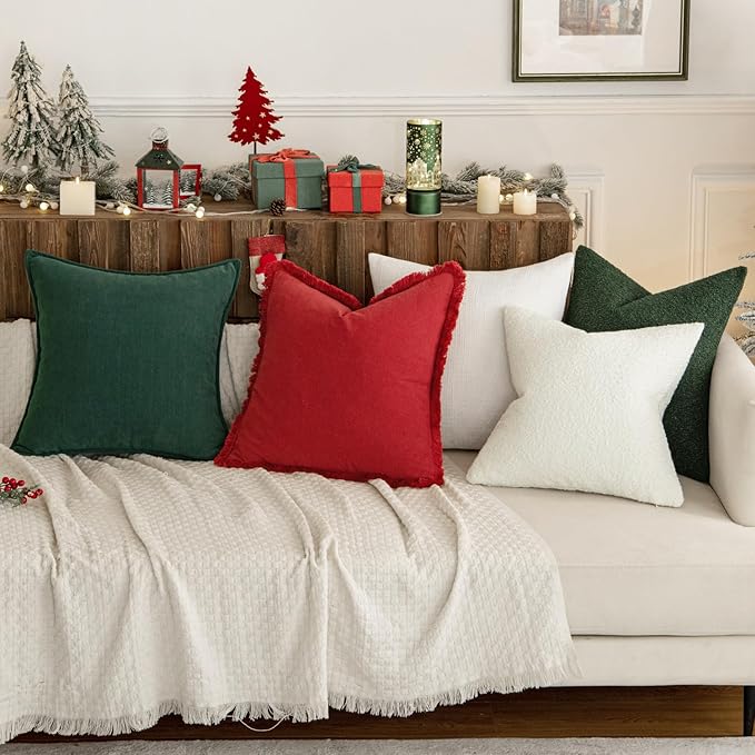 MIULEE Decorative Throw Pillow Covers Neutral Linen Fringe Throw Pillows Set of 2 Red Boho Farmhouse Cushion Covers with Tassels for Couch Sofa Bed Living Room Spring Home Decor 18x18 Inch