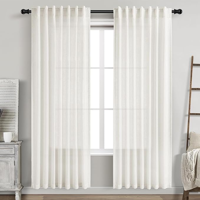 Beige White Linen Curtains 80 Inch Long for Bedroom Back Tab, Filters Light Privacy Transparent Curtains Modern Farmhouse Coastal Decor for Sliding Glass Doors 2 Panels 52x80