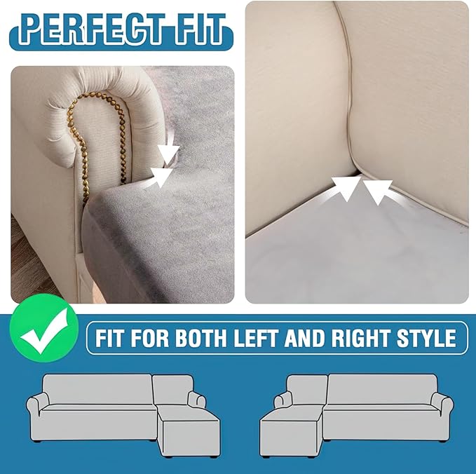Couch Cover 6-Piece Elastic Velvet Couch Cushion Covers & Chaise Slipcovers for L-Shaped Sofas - Sofa Seat Covers Washable, Soft Protector for Couches (5 Seater + Chaise, Grey)