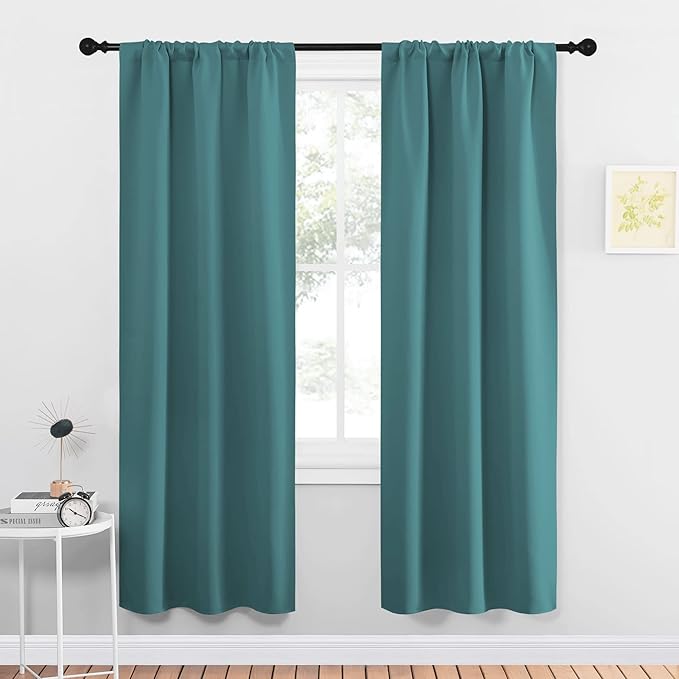 NICETOWN Blackout Curtains for Living Curtains, Three Pass Microfiber Noise Reducing Thermal Insulated Solid Rod Pocket Blackout Window Curtains for Kids Room (Sea Teal, 2 Panels, 34-inch x 72-inch)