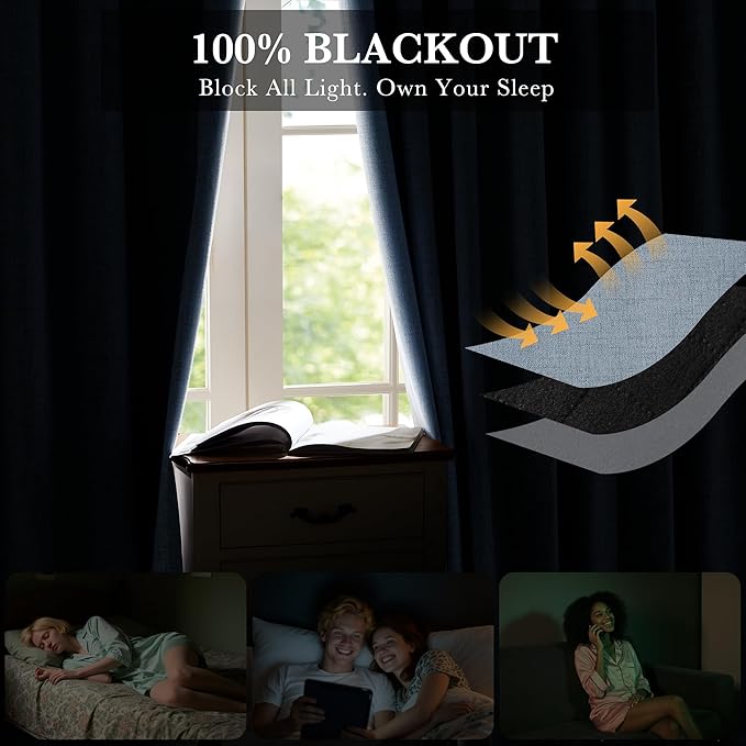 RYB HOME Smoky Blue 100% Blackout Linen Curtains 72 inch Long, Thermal Insulated & Privacy Assurd Drapes for Bedroom/Office/Nursery, Rod Pocket & Back Tab Window Treatment, W52 X L72, 2 Panels