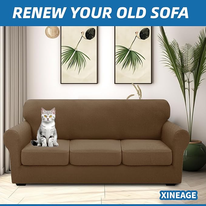 XINEAGE New 4 Pieces Extra Large Couch Covers for 3 Cushion Sofa Super Stretch Sofa Cover for 3 Large Seat Cushion Universal Slip Cover for Living Room (Brown), 91"-110"(3 Cushions)