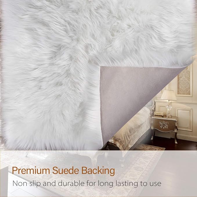 LOCHAS Soft Fluffy Faux Fur Rugs for Bedroom Bedside Rug 2x5 Feet, Washable, Furry Sheepskin Area Rug for Living Room Girls Room, Luxury Shag Carpet Home Decor, White
