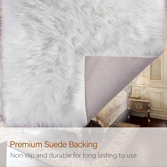 LOCHAS Soft Fluffy Faux Fur Rugs for Bedroom Bedside Rug 3x5 Feet, Washable, Furry Sheepskin Area Rug for Living Room Girls Room, Luxury Shag Carpet Home Decor, White