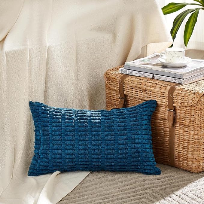 Fancy Homi 4 Packs Teal Lumbar Decorative Throw Pillow Covers 12x20 Inch for Living Room Couch Bed Sofa, Farmhouse Boho Home Decor, Soft Striped Corduroy Rectangle Cushion Case 30x50 cm