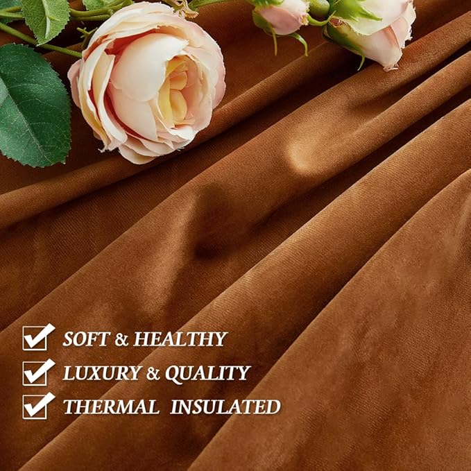 RYB HOME Velvet Blackout Curtains - Back Tab Plush Privacy Blackout Energy Efficient Window Treatment Retro Luxury Decoration for Living Room Cottage, W52 x L90, Golden Oak, 2 Pieces