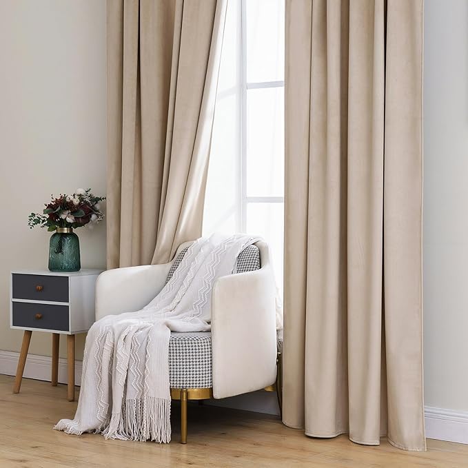 MIULEE Velvet Curtains 96 inches 2 Panels - Luxury Blackout Curtains for Bedroom Living Room Thermal Insulated Super Soft Window Drapes Rod Pocket & Back Tab, Camel Beige, W52 x L96 inches