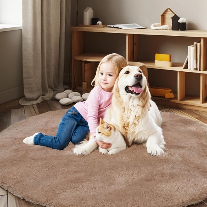 Super Soft Circle Rugs for Girls Princess Castle Toddlers Play Tent 4 Diameter Circular Area Rugs for Kids Bedroom Baby Room Decor Round Shag Playhouse Carpets(Φ4, Beige)