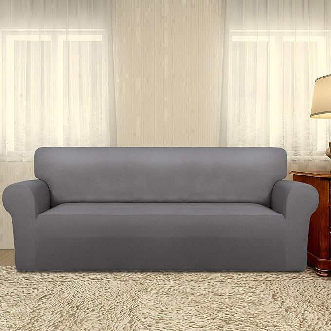 PureFit Super Stretch Sofa Slipcover – Spandex Non Slip Soft Couch Sofa Cover, Washable Furniture Protector with Non Skid Foam and Elastic Bottom for Kids, Pets （Sofa, Light Gray）