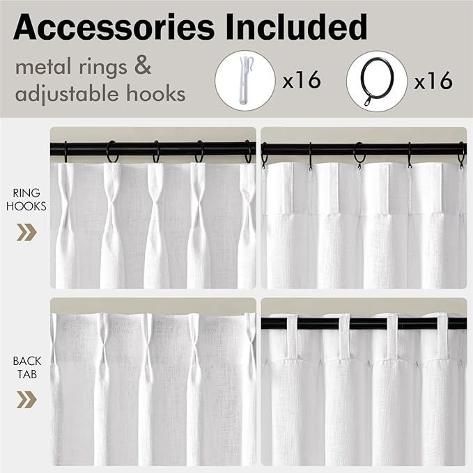 MIULEE Pinch Pleated Thick Linen Curtains 84 Inches Long 2 Panels, White Linen Texture Memory Trained Drapes for Living Room Bedroom, Pinch Pleat Light Filtering Farmhouse Window Curtains with Hooks