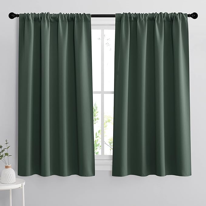 RYB HOME 54 inch Blackout Curtains for Living Room, Rod Pocket Thermal Insulated Small Window Drapes Room Darkening Shades for Bedroom Studio Dorm, W 42 x L 54 inch, Set of 2 Panels, Dark Green