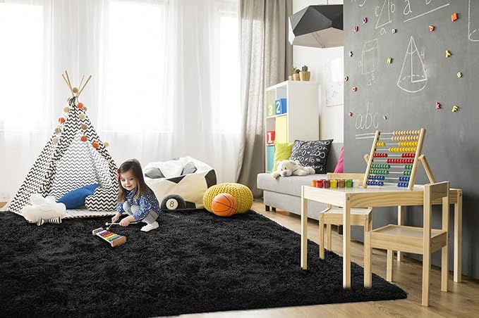 TWINNIS Super Soft Shaggy Rugs Fluffy Carpets 9x12 Feet, Indoor Modern Plush Area Rugs for Living Room Bedroom Kids Room Nursery Home Decor, Upgrade Anti-Skid Fuzzy Rug, Black