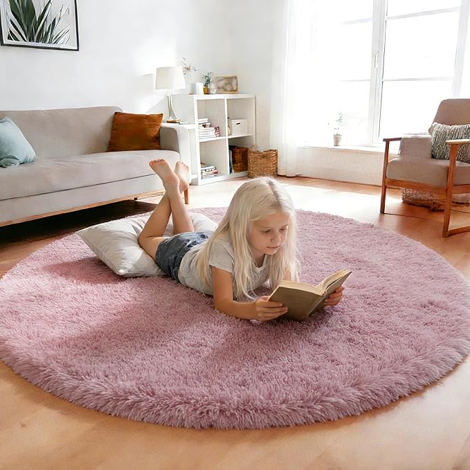 yulidayang Fluffy Round Area Rugs for Bedroom,Blush 5'X5'Shag Circle Area Rugs for Living Room,Non Slip Fuzzy Plush Rug for Kids Room Boys Girls Room and Dorm