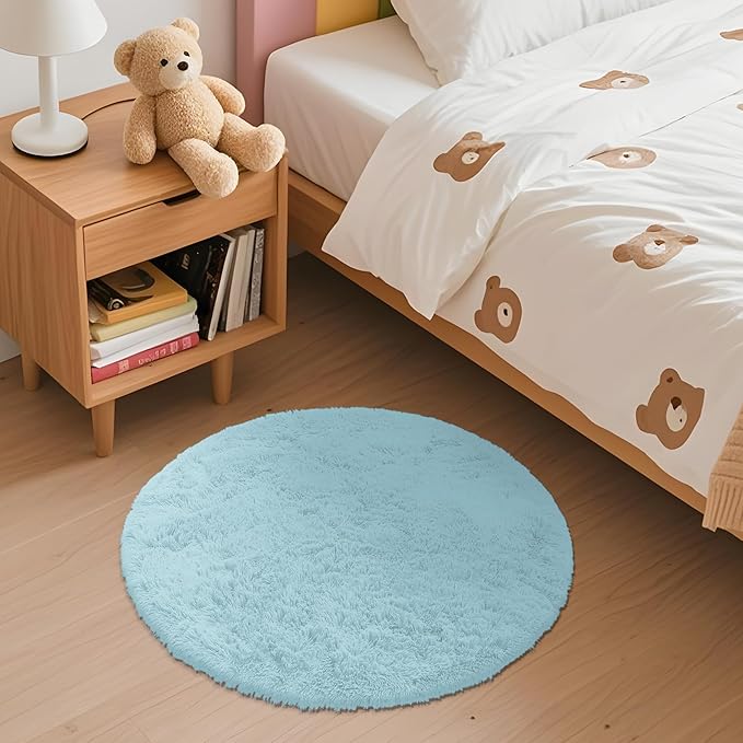 OLANLY Light Blue Round Rugs for Bedroom - Machine Washable, 2 ft Circle Area Rugs for Living Room, Soft and Fluffy Shaggy Carpet for Teen Girl and Boys, Nursery Rooms, Dorms, Home Decor Aesthetic