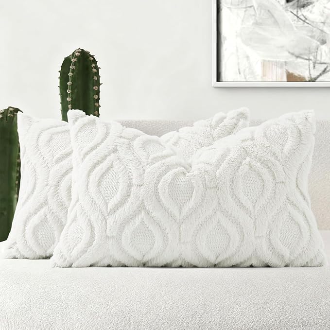 decorUhome Throw Pillow Covers 12x20 Inch Set of 2, Soft Plush Faux Wool Cream White Solid Couch Pillow Covers, Accent Farmhouse Neutral Rectangle Pillow Cases for Sofa Bed Living Room