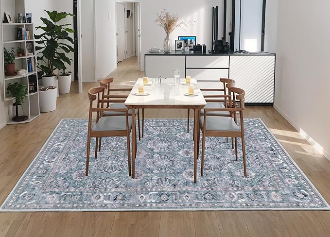 SERISSA Boho Area Rug 5x7 Blue Grey, Washable Large Rugs for Living Room, Ultra Soft Non-Slip Bedroom Rug Print Distressed Vintage Floral Carpet Rug for Dining Room Dorm Office Home Decor
