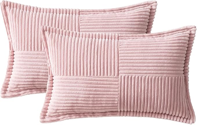 MIULEE Spring Decorative Lumbar Throw Pillow Covers for Couch Bed Livingroom 12x20 Inch Set of 2 Pink Boho Accent Throw Pllows Broadside Striped Patchwork Soft Corduroy Pillowcases Valentine Decor