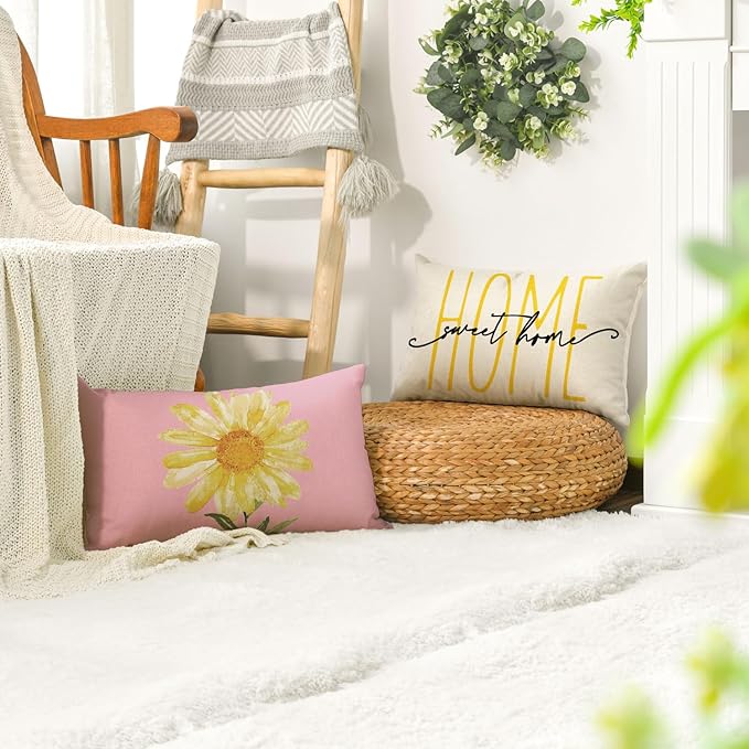 AVOIN colorlife Home Sweet Home Spring Summer Flowers Pink Throw Pillow Covers, 12 x 20 Inch White Cushion Case for Sofa Couch Set of 4