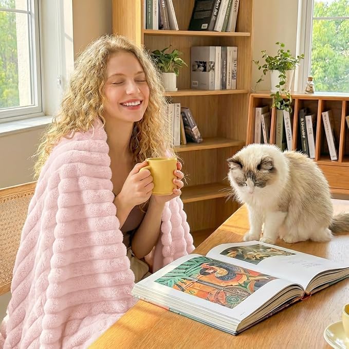 HIMEET Pink Ribbed Twin Blanket for Bed - 300GSM Lightweight Soft Fleece Blanket for Men Women, Cozy Blankets Graduation Birthday Gifts, Striped Spring Home School Dorm Decor, Pink, 60x80 Inches