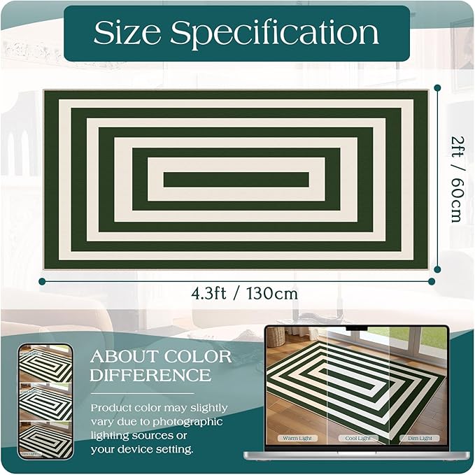 Front Door Mat Indoor Entrance - 2x4.3 Ft Modern Washable Spring Outdoor Door Mat for Layering Porch Rug Non-Slip Green White Geometric Runner Rug for Kitchen Bedroom Laundry Room Porch Decor