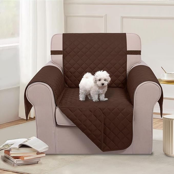 U-NICE HOME Reversible Oversized Chair Covers Quilted Water Repellent Pet Protectors with Elastic Straps(28''Armchair, Brown/Brown)