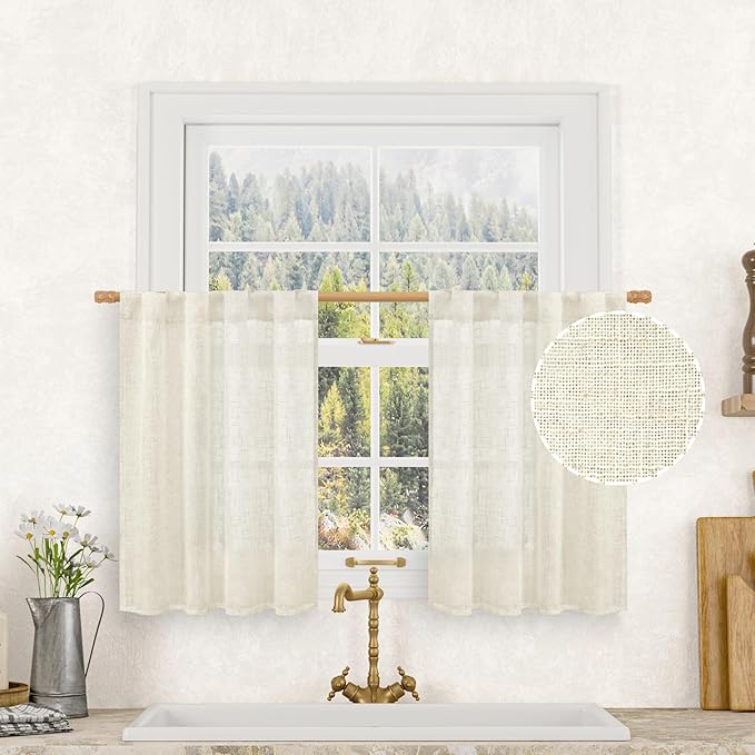 LAMIT Short Linen Kitchen Window Curtains 36 Inch Length, Over Sink Semi Sheer Light Filtering Panels Back Tab and Rod Pocket Drapes for Basement Bathroom Window, 2 Panels, Cream Ivory，34 x 36 Inch
