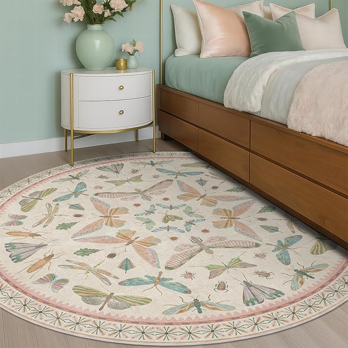 Pink Cute Butterfly 6ft Round Soft Rugs for Girls Bedroom Beside Bed - Non Skid Rug Low Pile Washable Living Room Rugs, Fun Insect Carpet for Playroom, Reading Corner, Low Pile & Soft