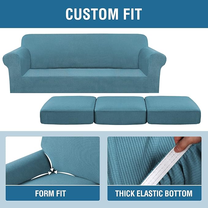 4 Piece Stretch Sofa Covers for 3 Cushion Couch Covers for Living Room Furniture Slipcovers (Base Cover Plus 3 Seat Cushion Covers) Upgraded Thicker Jacquard Fabric (XL Sofa, Storm Blue)