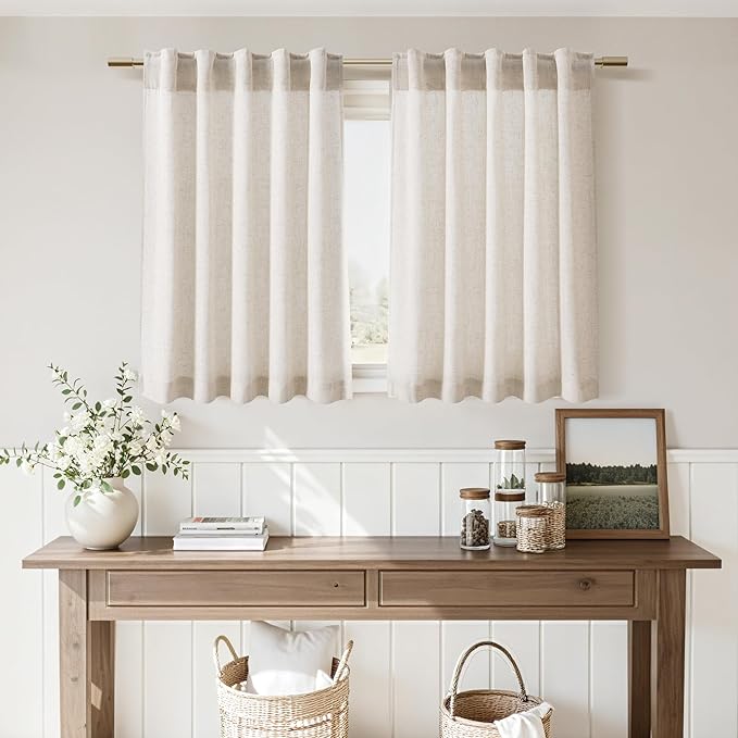 Nanspring 30 Inch Long Beige Curtains for Kitchen Linen Blend Farmhouse Decor Semi Sheer Light Filtering Back Tab and Rod Pocket Short Curtain for Bathroom Small Window 30 x 30 Inch, 2 Panels
