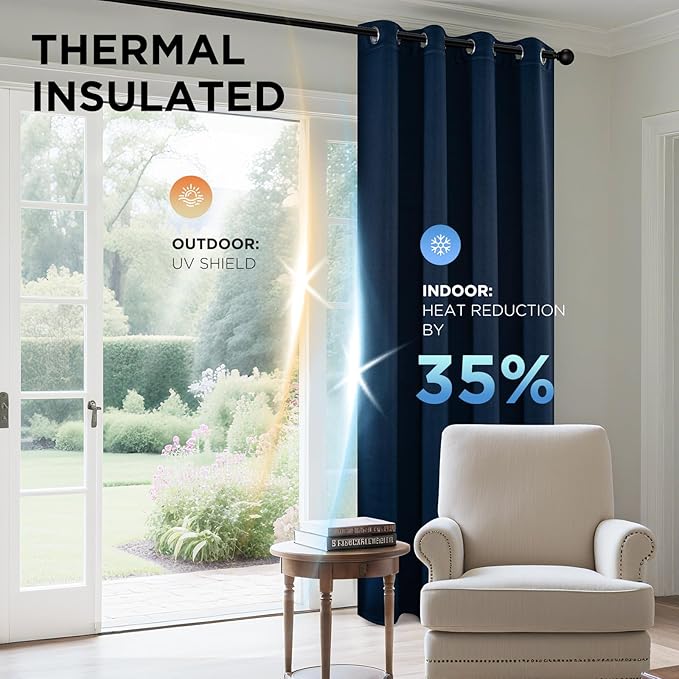 Joydeco Blackout Curtains 72 Inch Length 2 Panels Set, Thermal Insulated Long Curtains& Drapes 2 Burg, Room Darkening Grommet Drapes for Living Room Bedroom Window (W52 x L72 Inch, Navy Blue)