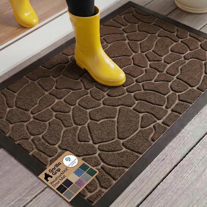 GORILLA GRIP 100% Waterproof All-Season WeatherMAX Doormat, US Designed Natural Rubber, Stain and Fade Resistant, Low Profile Indoor Outdoor Door Mats, Easy Clean Patio Mat, 29x17, Dark Brown Pebble