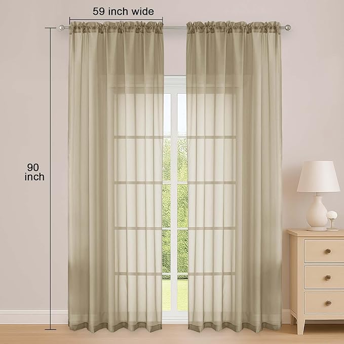 OWENIE Taupe Sheer Curtain 90 Inches Long 2 Panels Set, Solid Filmy Drapes for Living Room Bedroom, Elegant Window Voile Sheer Curtain Panels Drapes, 2 Pcs, Each 59" Wx90 L Inch