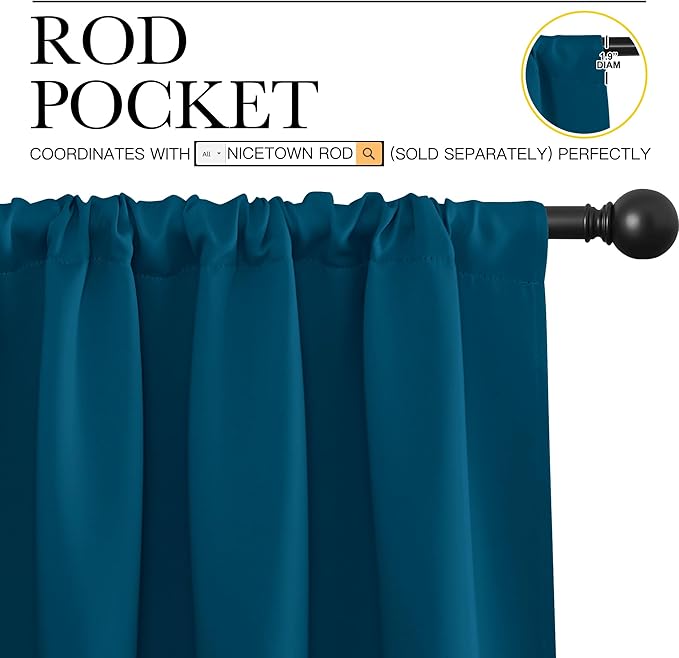 NICETOWN 2 Panels Blackout Curtains, Rod Pocket Window Curtains Room Darkning Drapes for Bedroom/Living Room, Thermal Insulated Solid Draperies for Home Office/Study, 62 by 72-Inch, Moroccan Blue