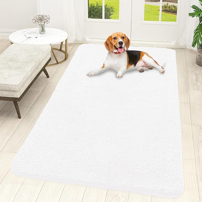 OLANLY Dog Door Mat for Muddy Paws 59x32, Absorbs Moisture and Dirt, Absorbent Non-Slip Washable Doormat, Quick Dry Chenille Mud Mat for Dogs, Entry Indoor Entryway Carpet for Inside Floor, White