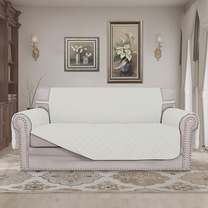 Easy-Going Sofa Slipcover Reversible Loveseat Sofa Cover Couch Cover for 2 Cushion Couch Furniture Protector with Elastic Straps for Pets Kids Dog Cat (Oversized Loveseat, Ivory/Ivory)