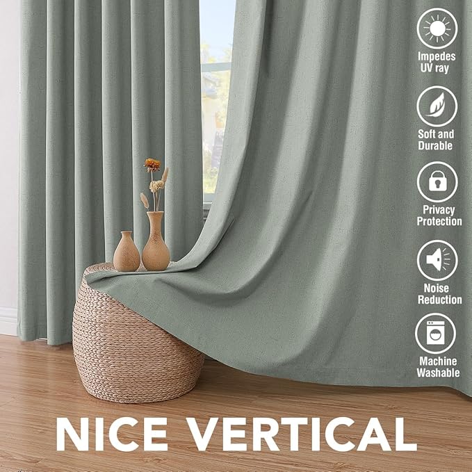H.VERSAILTEX 100% Blackout Curtains for Bedroom Thermal Insulated Linen Textured Curtains Heat and Full Light Blocking Drapes Living Room Curtains 2 Panel Sets, Green Bay, 52x54 Inch