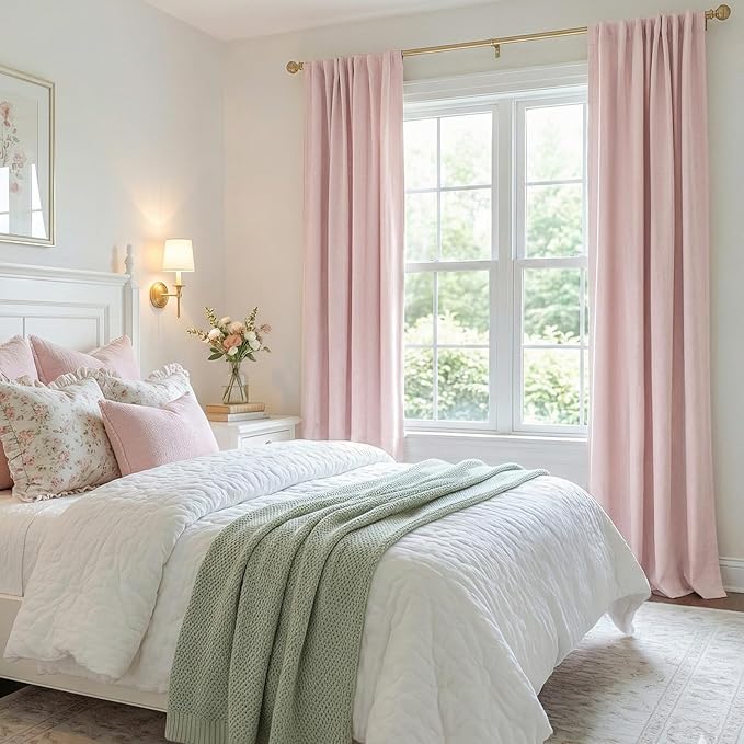100% Blackout Shield Soft Pink Linen Blackout Curtains for Bedroom 96 Inches Long, Back Tab/Rod Pocket Living Room Drapes, Thermal Insulated Blackout Curtains 2 Panels Set, 50" W x 96" L